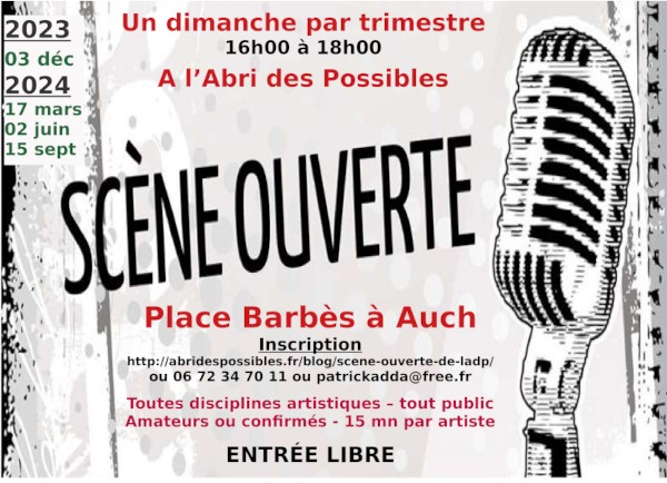 SCÈNE OUVERTE à L’ABRI DES POSSIBLES le 15 SEPTEMBRE à 16H – VENEZ JOUER OU APPLAUDIR ?