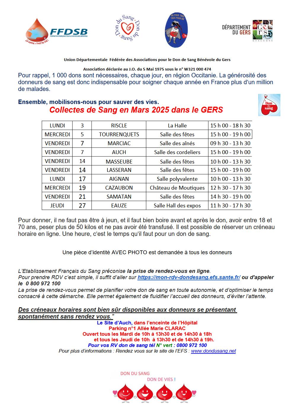 Collectes de Sang en Mars 2025 dans le GERS