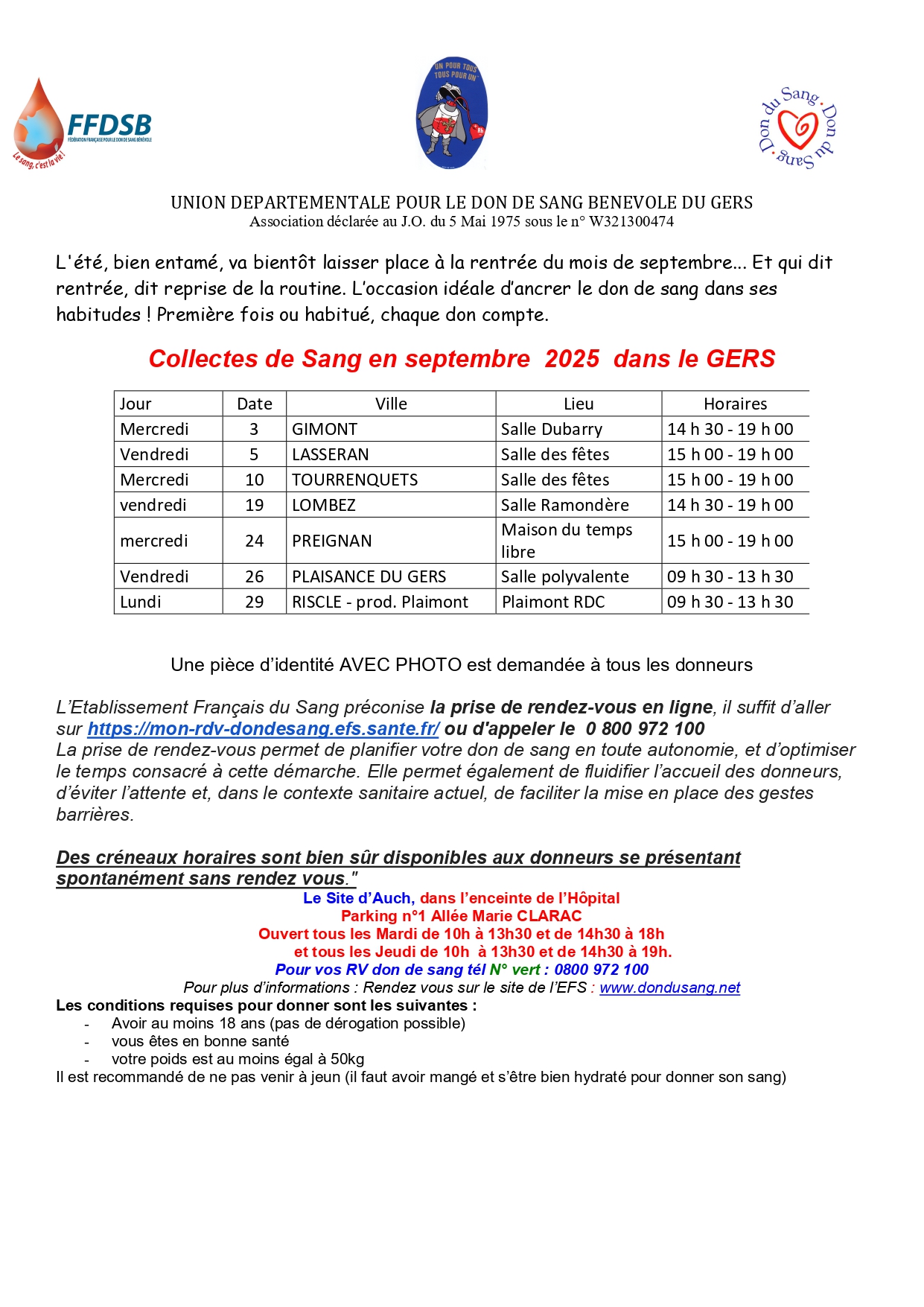 Collectes de Sang en septembre 2025 dans le GERS