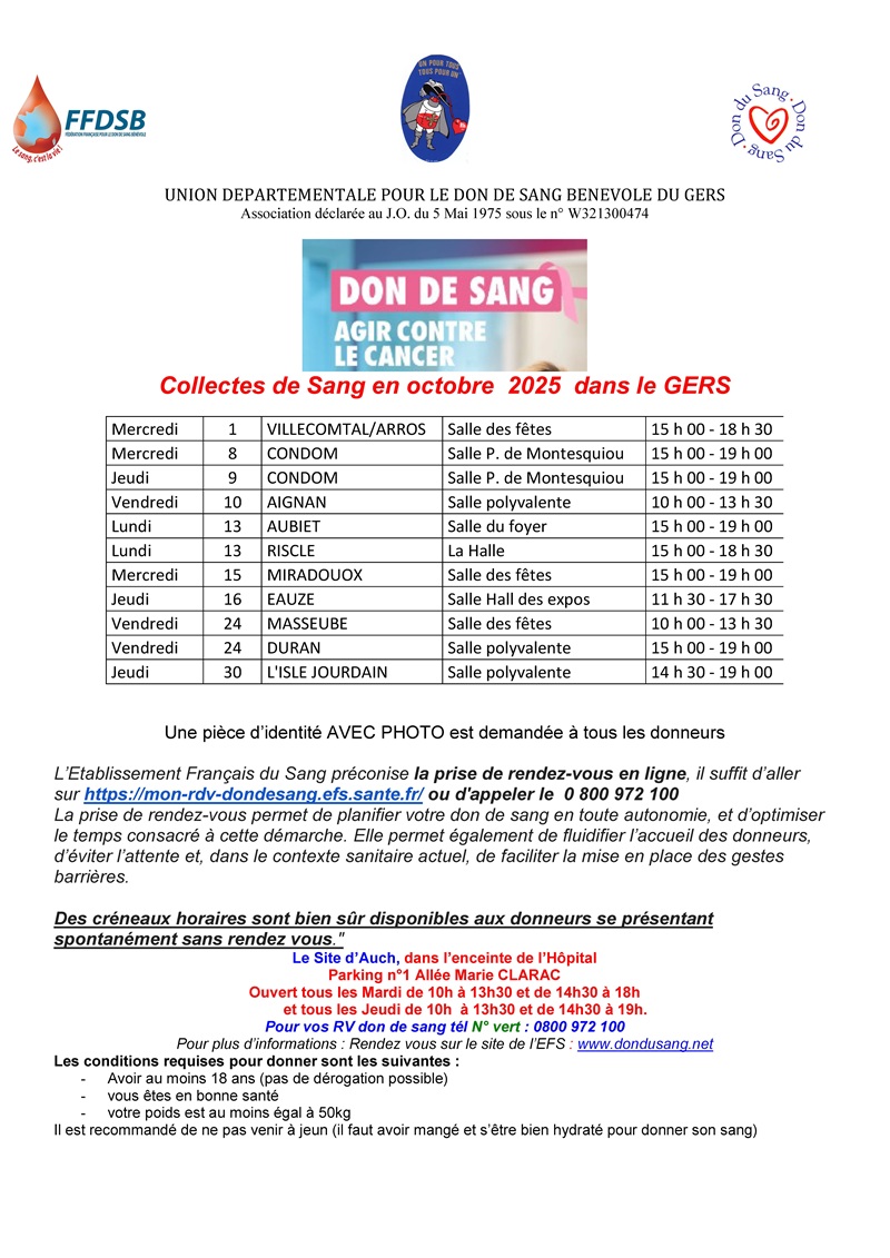 COLLECTES DE SANG EN OCTOBRE 2025