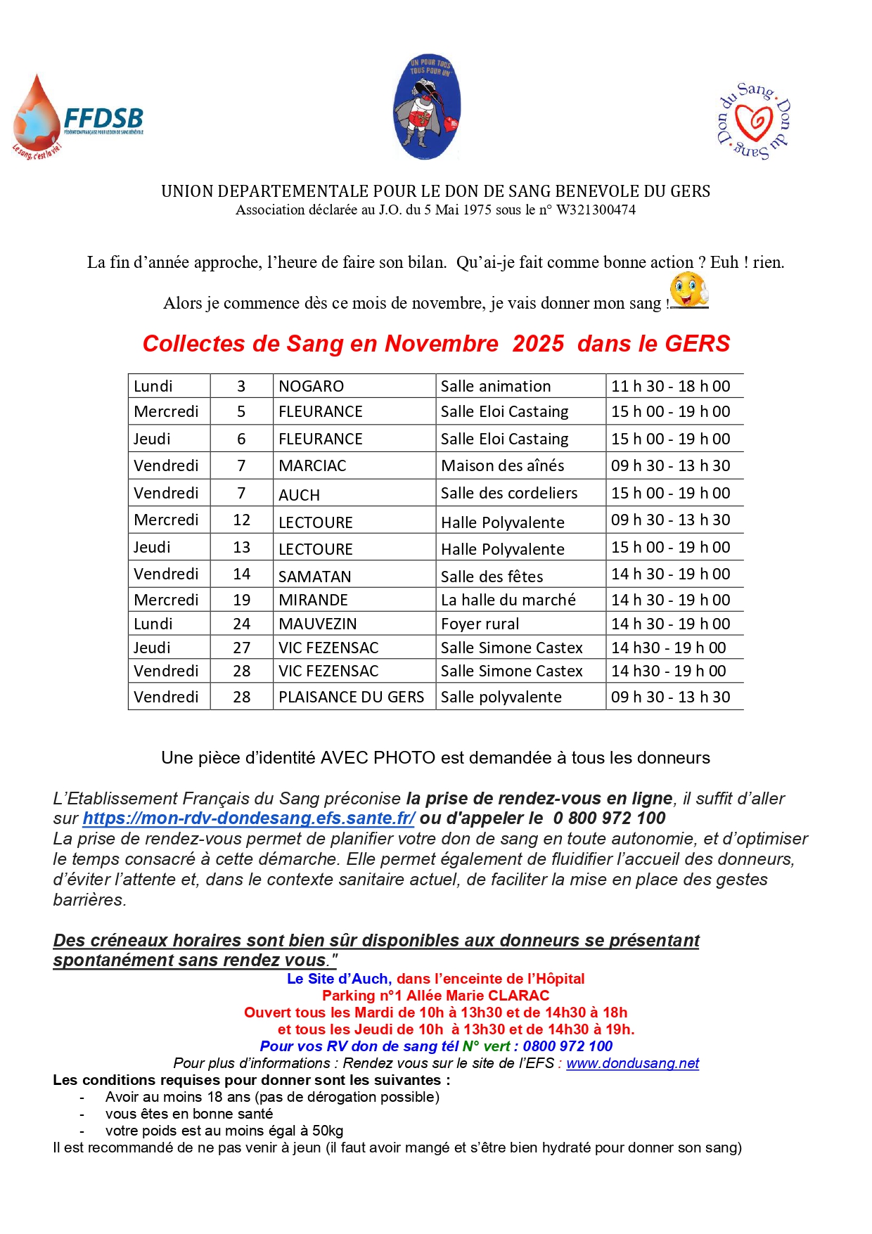 Collectes de Sang en Novembre 2025 dans le GERS