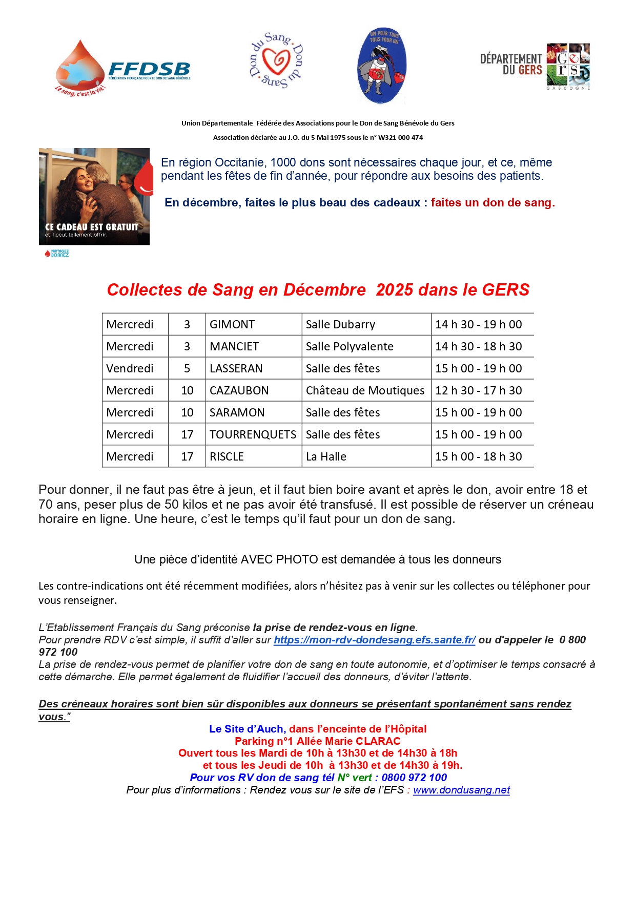 Collectes de Sang en Décembre 2025 dans le GERS