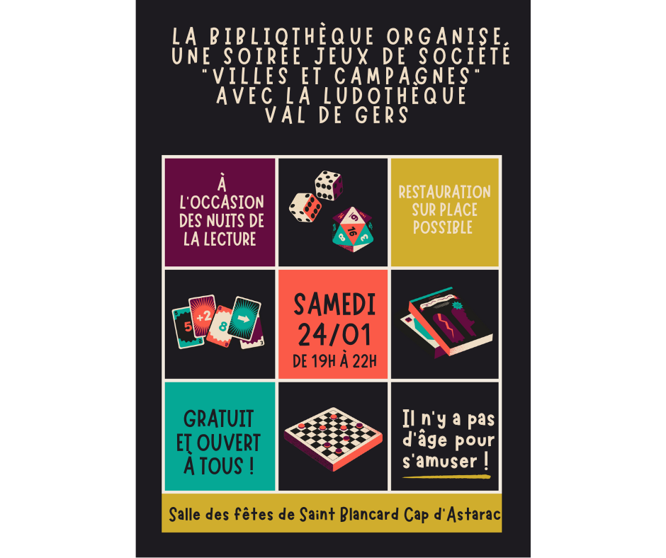 Soirée jeux de société de la bibliothèque de St-Blancard-Cap d’Astarac.